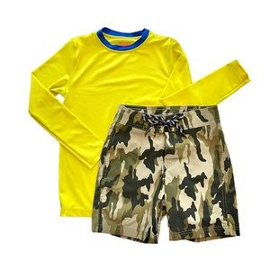 J.CREW CREWCUTS Boys Board Short Swimsuit Camo | Rash Guard Neon Yellow | Size 6